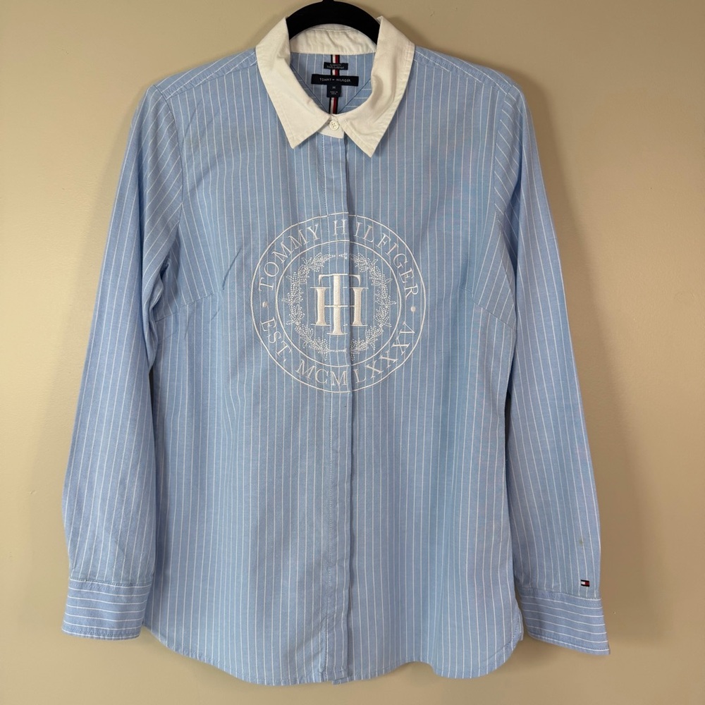 TOMMY HILFIGER‎ Women’s Medium Contrast Collar Pinstripe Logo Tailored Button Up